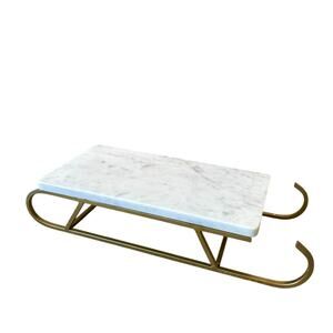 Marble Sledge Holiday Serving Tray 18x8 White & Gold Metal Handmade in India